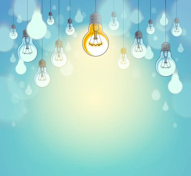 Fikir kavramı, farklı düşün, ampuller grup vektör illüstrasyonunda tek bir ışık, yaratıcı ilham, özel ol, liderlik. Metin için kopyalama alanı olan kompozisyon.