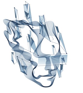 Noktalı parçacıklar insan portresi, soyut insan kafa vektör dalgası dizisi, Yapay Zeka, bilgisayar programlama yazılım arayüzü, dijital ruh.