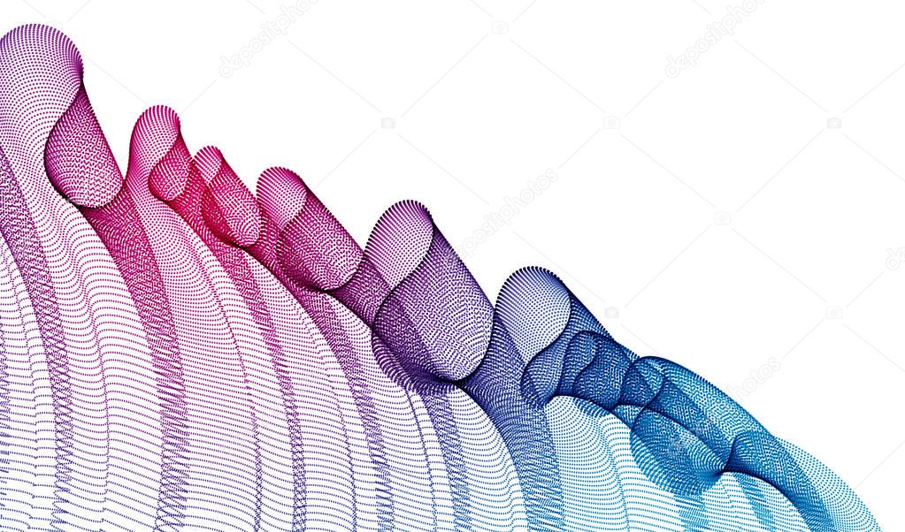 Wave of flowing particles modern relaxing illustration, transparent tulle textile on wind. Round dots vector abstract background. Beautiful wave shaped array of blended points.