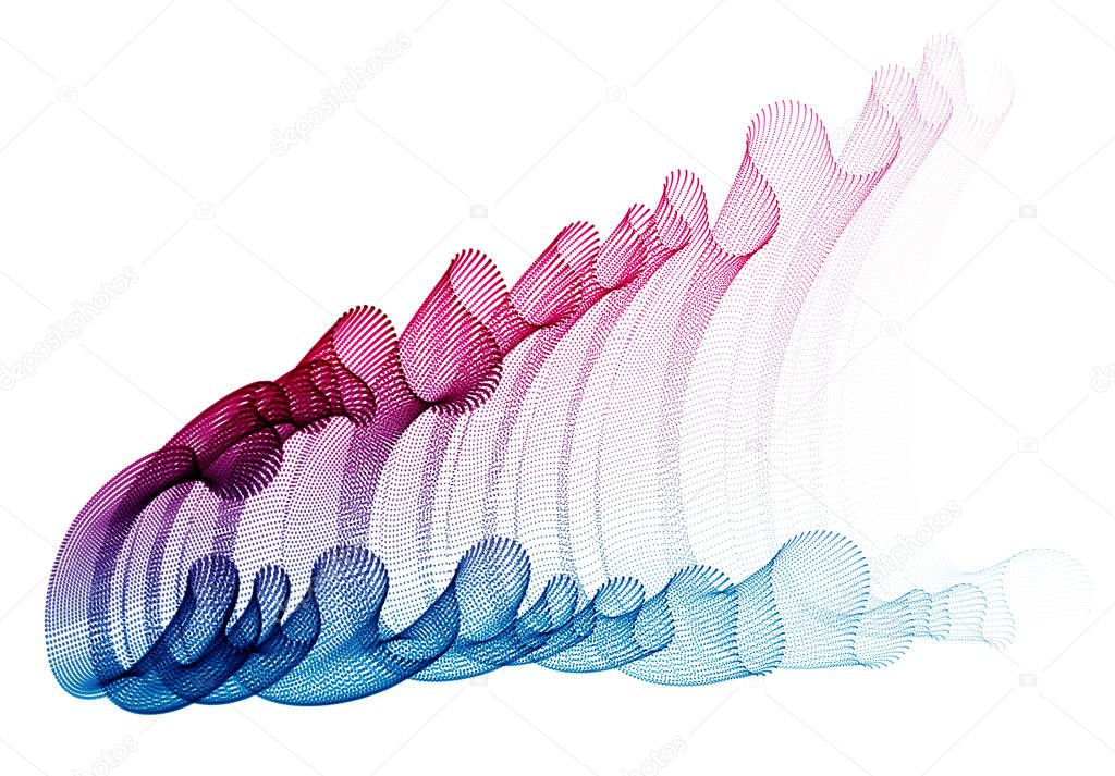 Flowing particles wave, transparent tulle textile on wind, dynamic motion curve lines. 3d vector illustration. Beautiful calming wave shaped array of blended points.