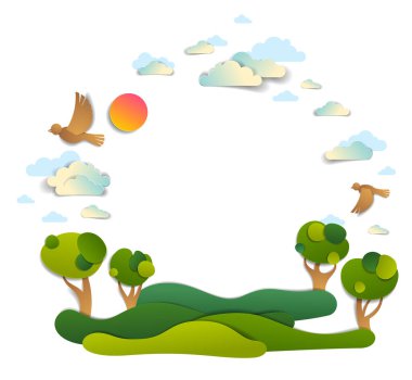 Çayırlar ve ağaçlar, kuşlar ve bulutlu gökyüzü doğal manzara