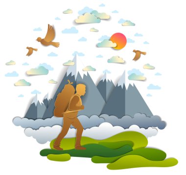 Genç aktif adam backgro dağ zirveleri ile doğaya yürüyüş