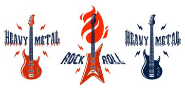 Elektrik gitar vektör logoları seti ile Hard Rock amblemleri, konser