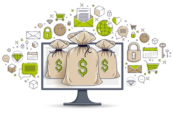 Bolsa de dinheiro sobre monitor de computador e conjunto de ícones, banco on-line ou — Vetor de Stock