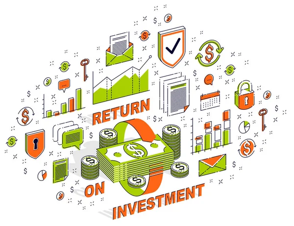 Pénzforgalom, beruházás megtérülése, valutaváltó, készpénz — Stock Vector