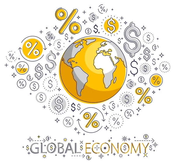 Concepto de economía global, planeta tierra con iconos de dólares establecidos, inte — Vector de stock