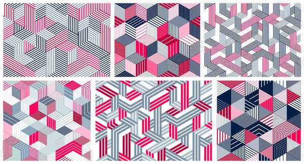 Geometric 3D seamless patterns with lined cubes, stripy boxes bl — Stock Vector