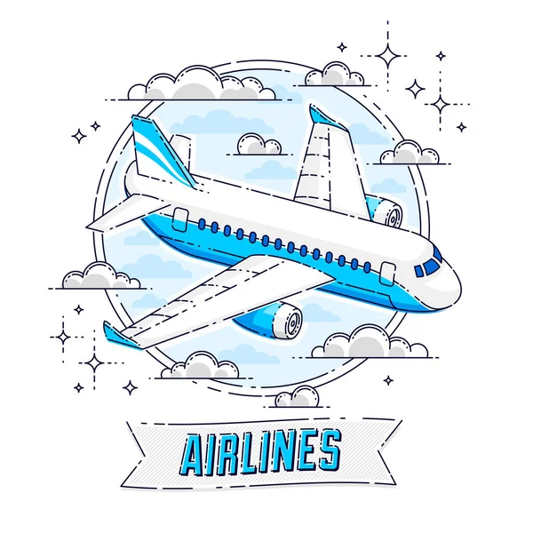 Uçak yolcu uçağı ile yuvarlak şekil ve yazma, havayolu ile şerit — Stok Vektör