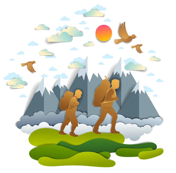 Aktív apa és tinédzser fiú túrázik a füves területeken át a hegyekbe — Stock Vector