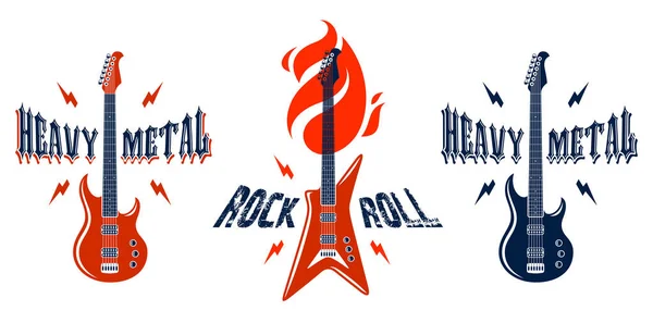 Emblemas Hard Rock com guitarra elétrica conjunto de logotipos vetor, concerto — Vetor de Stock