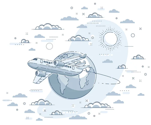 Ilustração de viagens aéreas aéreas com avião e planeta —  Vetores de Stock