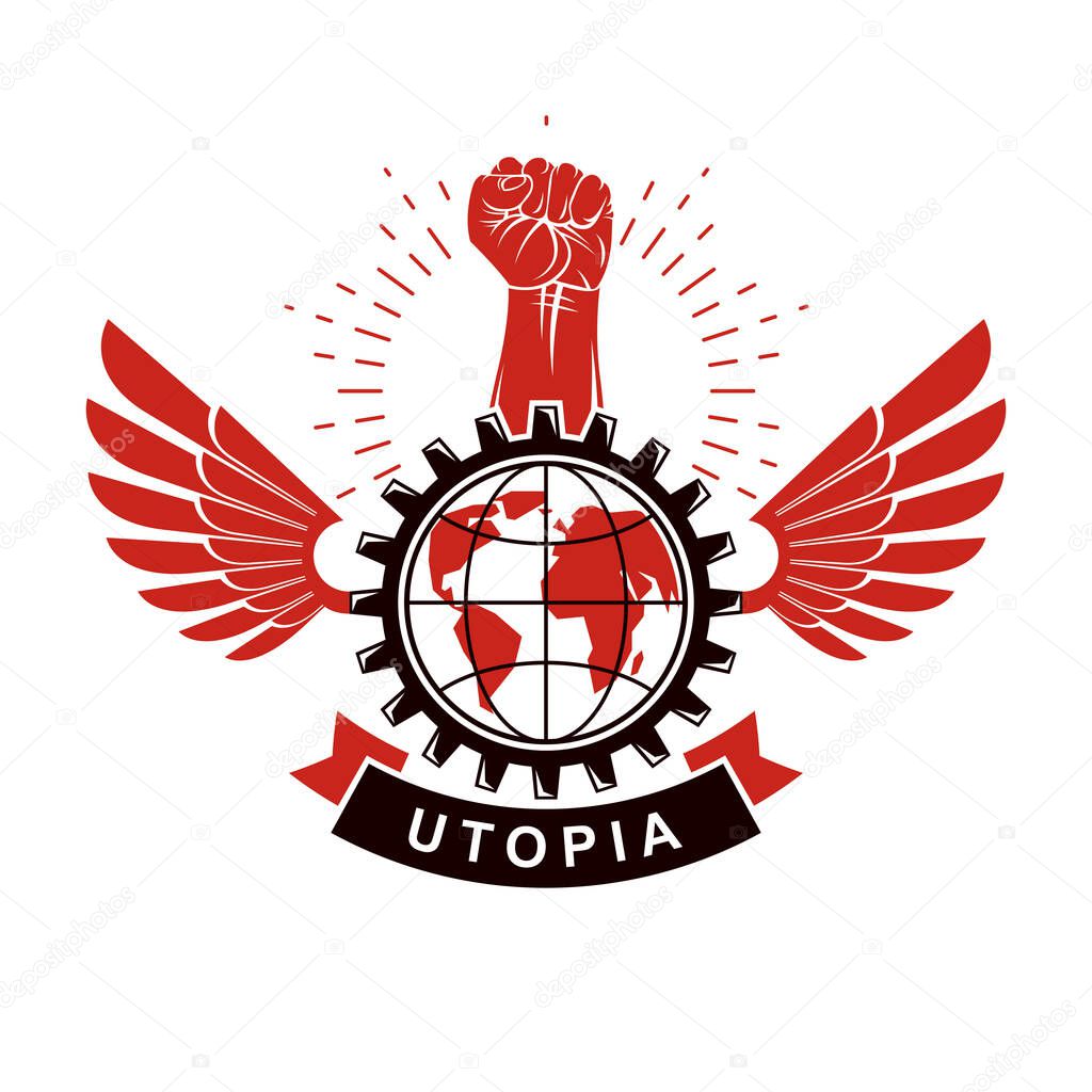 Winged vector emblem composed with raised fist holding Earth pla