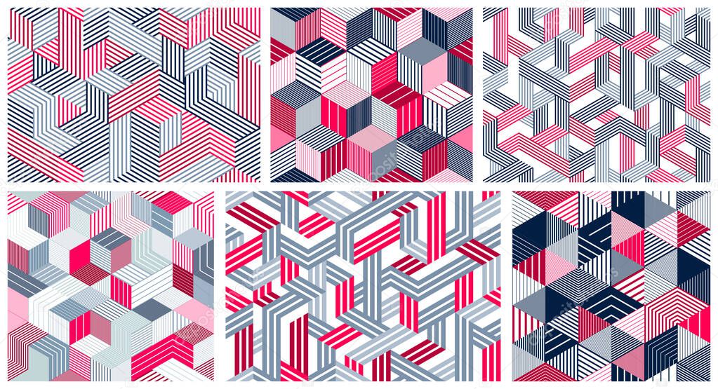 Geometric 3D seamless patterns with lined cubes, stripy boxes bl