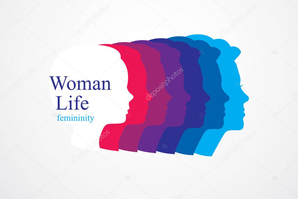 Girl maturation age years concept, adulthood idea, the time of life, periods and cycle of life, growing old, from infancy to maturity. Vector simple classic icon or logo design.