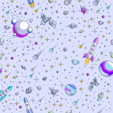 Uzay sorunsuz arka plan ile roketleri, gezegenlerin ve yıldızların, undis