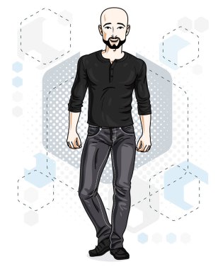 Kendine güvenen, yakışıklı, tüysüz, genç adam ayakta duruyor. Vektör illüstratı