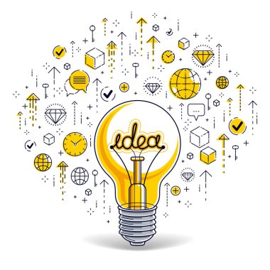 Parlayan ampul ve simgeleri, iş fikri yaratıcı konsantrasyon koymak