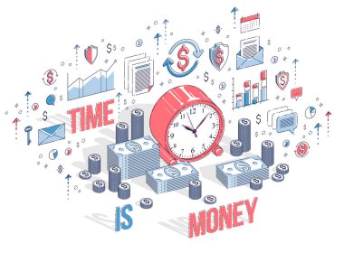 Para kavramı, masa saati ile nakit para yığınları ve co Zamanı