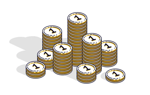 Dinheiro em dinheiro pilhas de moedas isoladas no fundo branco. Vector 3d i — Vetor de Stock