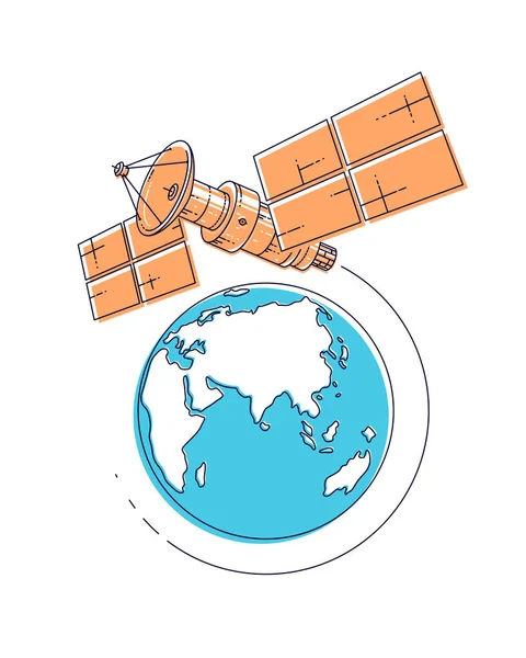 Volo orbitale di volo satellite intorno alla terra, tecnologia di comunicazione — Vettoriale Stock