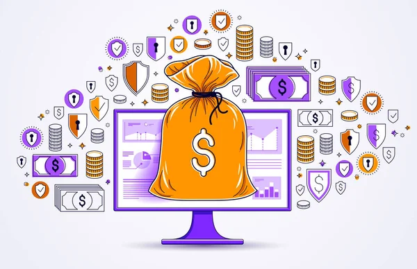Worek pieniędzy na monitor komputera i zestaw ikon Dolar, online ban — Wektor stockowy