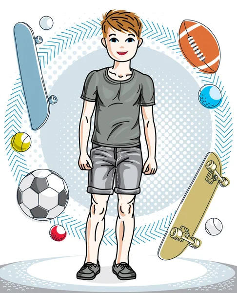 Schattig gelukkig jong tiener jongen poseren dragen modieuze casual stolsel — Stockvector