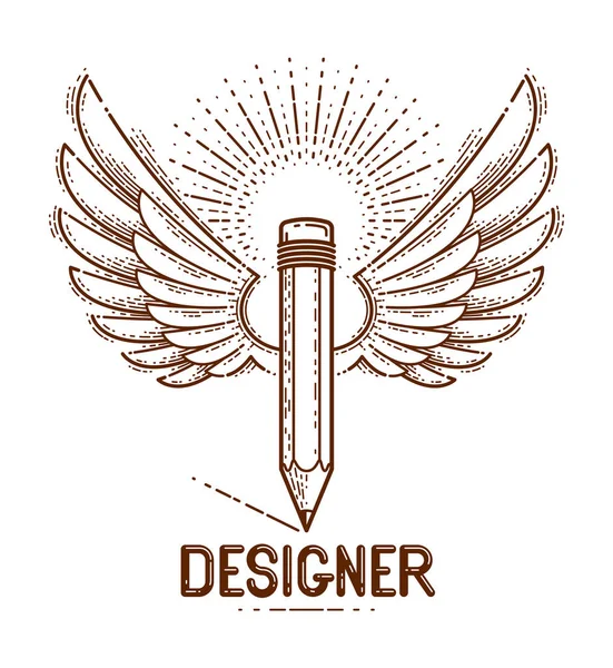 翼を持つ鉛筆、ベクトルシンプルなトレンディなロゴやデザインのためのアイコン — ストックベクタ