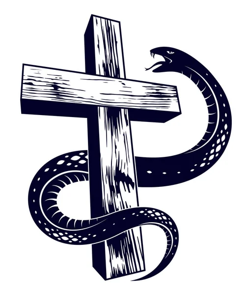 Slang op een vintage kruis tattoo, slang terugloopt Christian — Stockvector