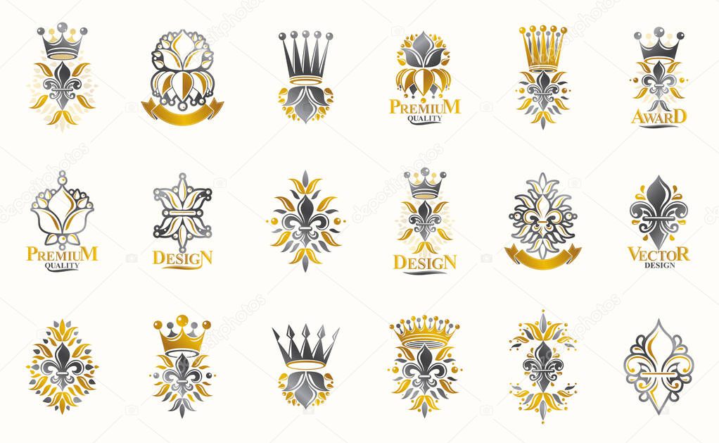 Classic style De Lis and crowns emblems big set, lily flower sym