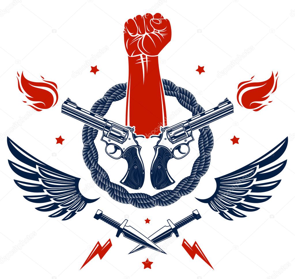 Revolution and Riot aggressive emblem or logo with strong clenched fist, weapons and different design elements , vector tattoo, anarchy and chaos, rebel partisan and revolutionary.