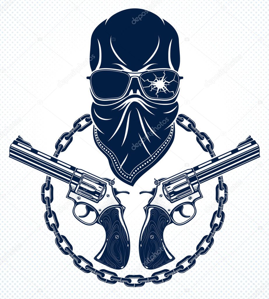 Revolution and Riot wicked emblem or logo with aggressive skull, vector tattoo, anarchy and chaos, rebel partisan and revolutionary.