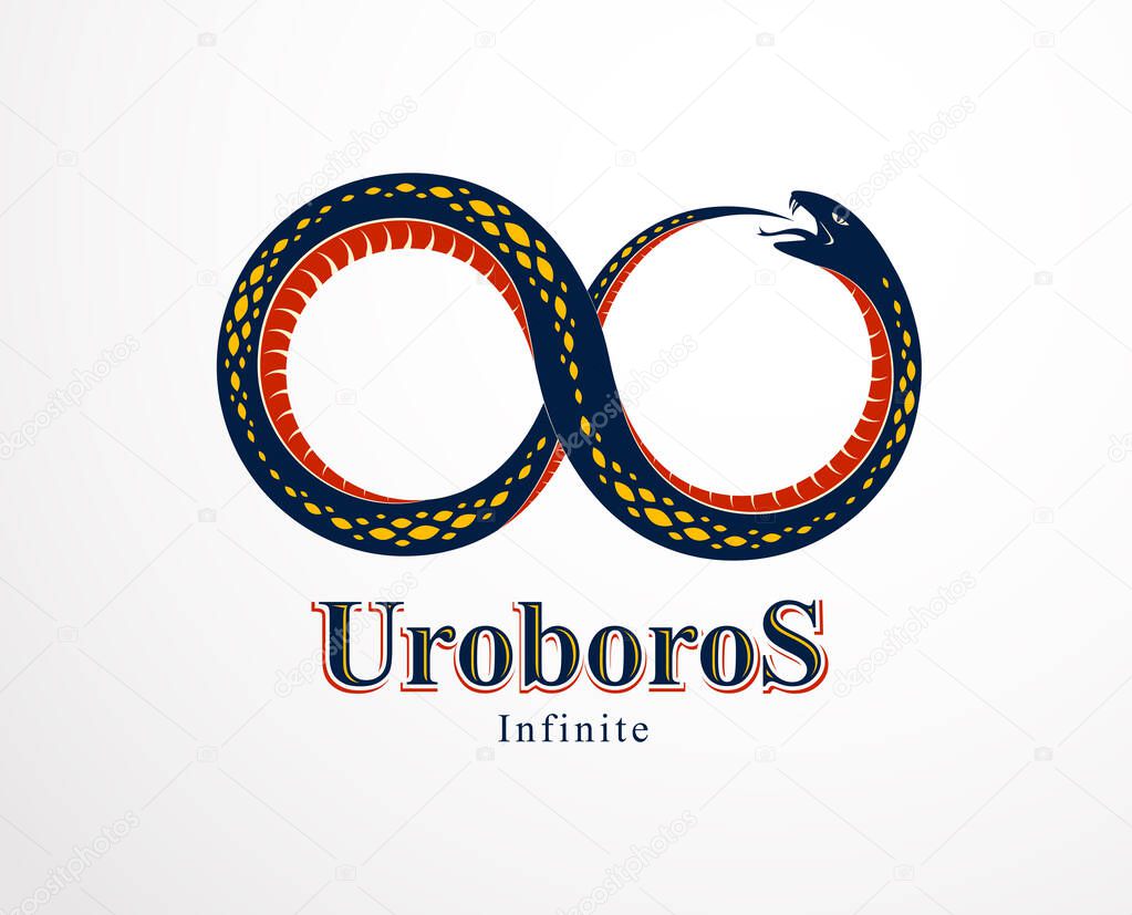 Snake eating its own tale, Uroboros Snake in a shape of infinity symbol, endless cycle of life and death, Ouroboros ancient symbol vector illustration logo, emblem or tattoo.