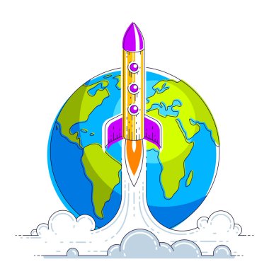 Keşfedilmemiş galaxi keşfetmek için dünyadan uzaya roket başlangıç