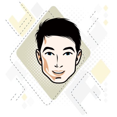 Yakışıklı brunet erkek yüzü vektör illüstrasyon, pozitif yüz 