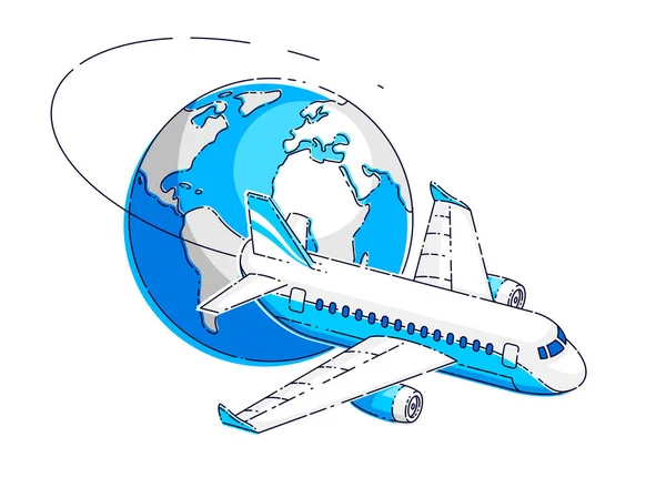 Avion de ligne avec planète terrestre, emblème de voyage aérien des compagnies aériennes ou — Image vectorielle