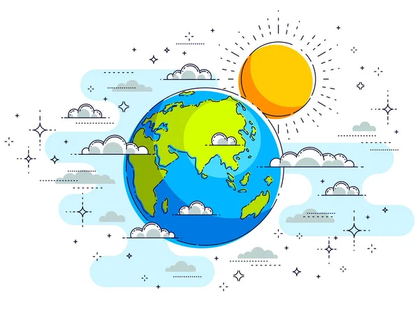 Erde am Himmel umgeben von Wolken schöne dünne Linie illust — Stockvektor