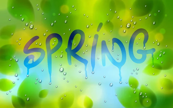 Frühlingswort auf ein Fenster gezeichnet, frische grüne Blätter und Wasserregen — Stockvektor