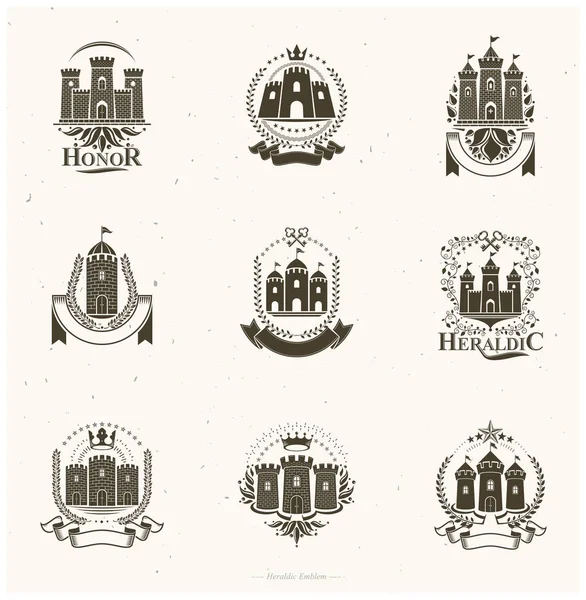 Antike Bastionen Embleme gesetzt. heraldische Vektorgestaltungselemente co — Stockvektor