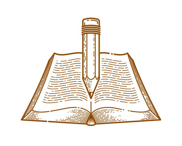 Vintage libro y lápiz de educación o ciencia concepto de conocimiento , — Vector de stock