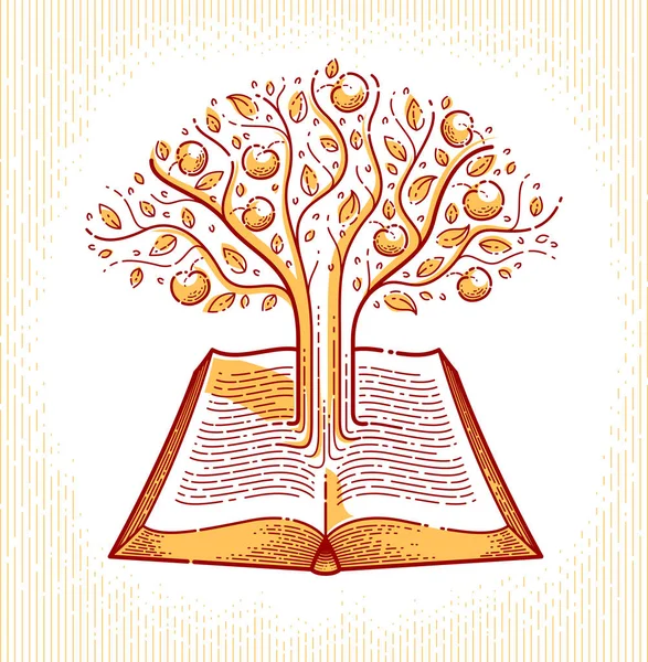 Árbol creciendo a partir de líneas de texto de un libro vintage abierto educación o — Vector de stock