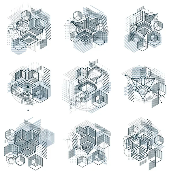 Isometric abstract backgrounds with linear dimensional shapes, v — Stock Vector