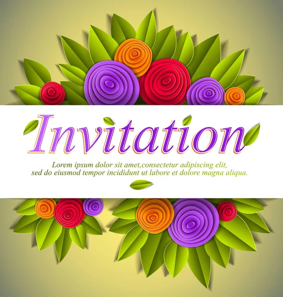 Convite cartão de evento com folhas verdes frescas e flowe colorido —  Vetores de Stock