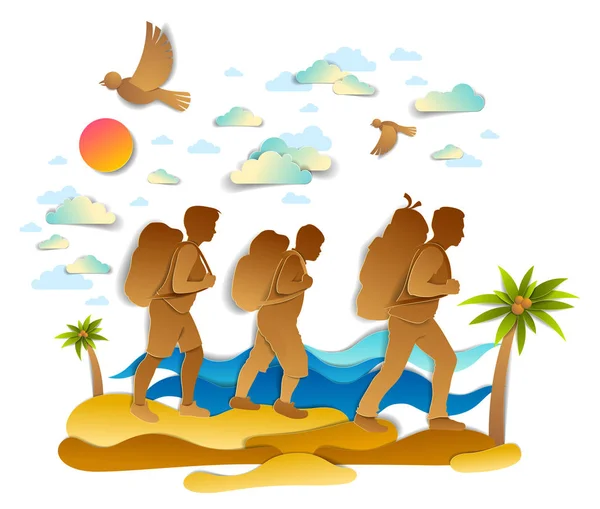 Lycklig aktiv familj vandring genom strand med palmer och havet — Stock vektor