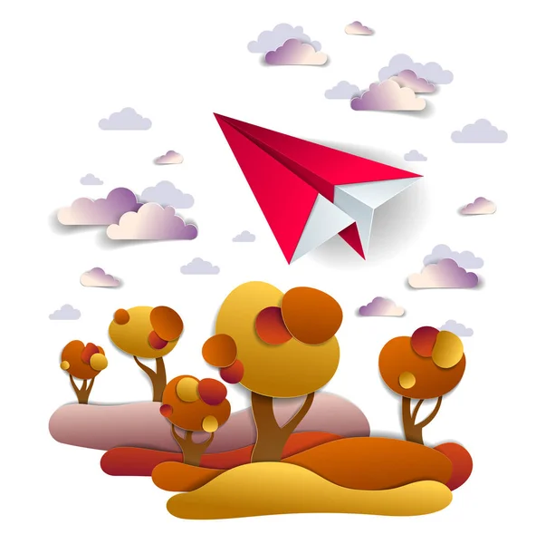 Origami brinquedo avião de papel voando no céu de outono sobre vermelho e vós — Vetor de Stock