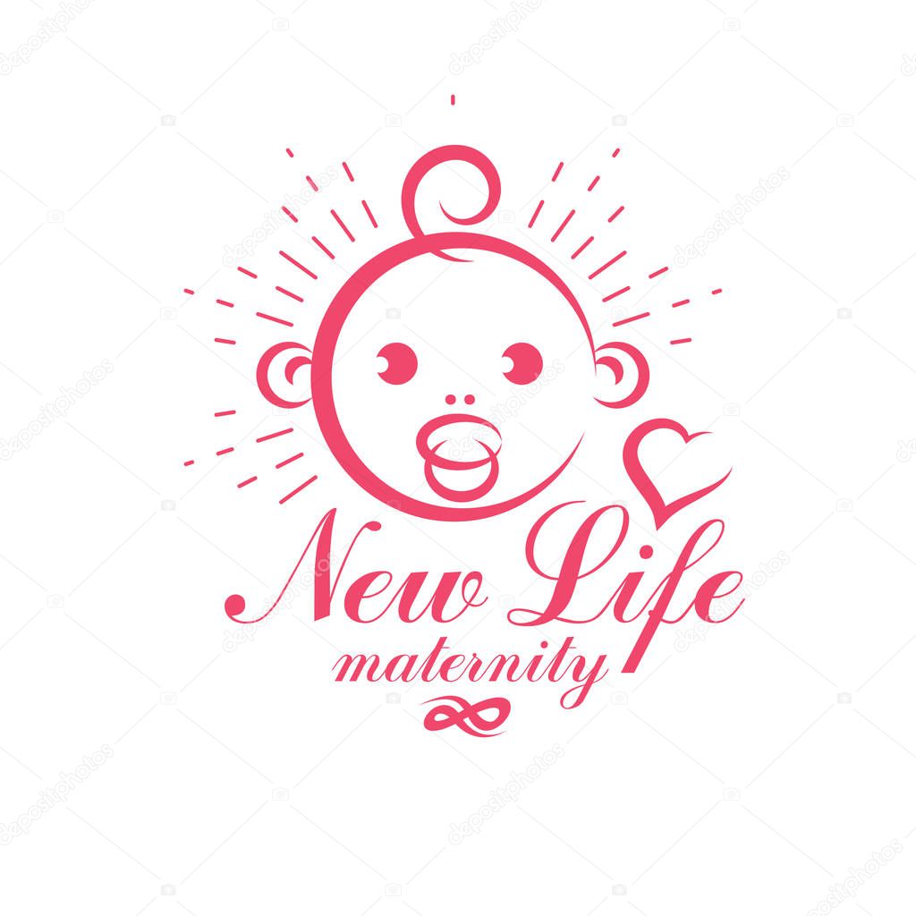 Cute smiling baby face vector emblem. Maternity and new life con