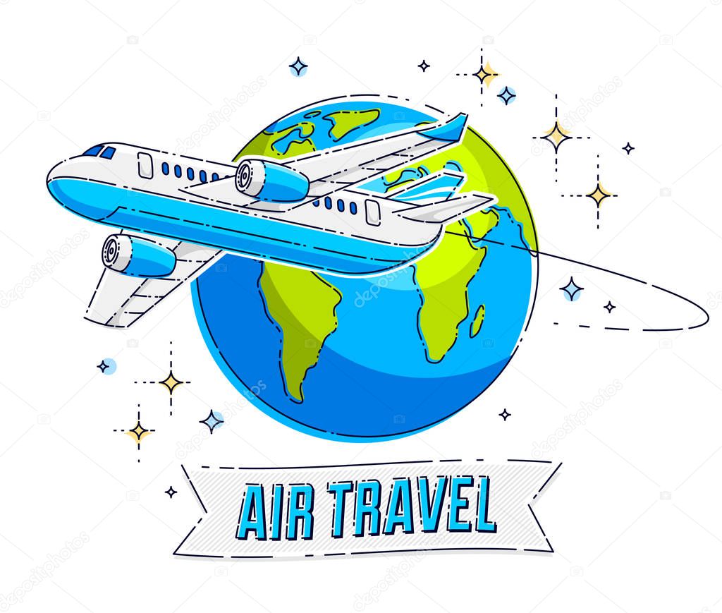 Plane airliner with earth planet and ribbon with typing, airline