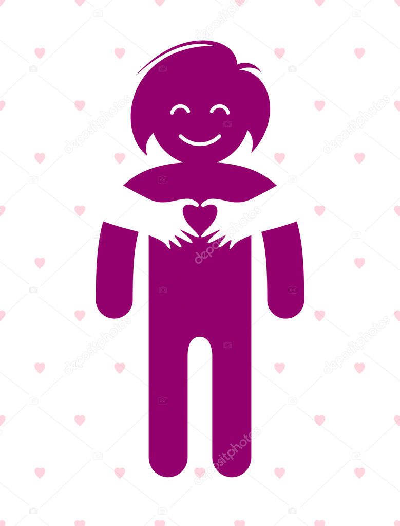 Beloved woman with care hands of a lover or friend hugging her around from behind, vector icon logo or illustration in simplistic symbolic style.