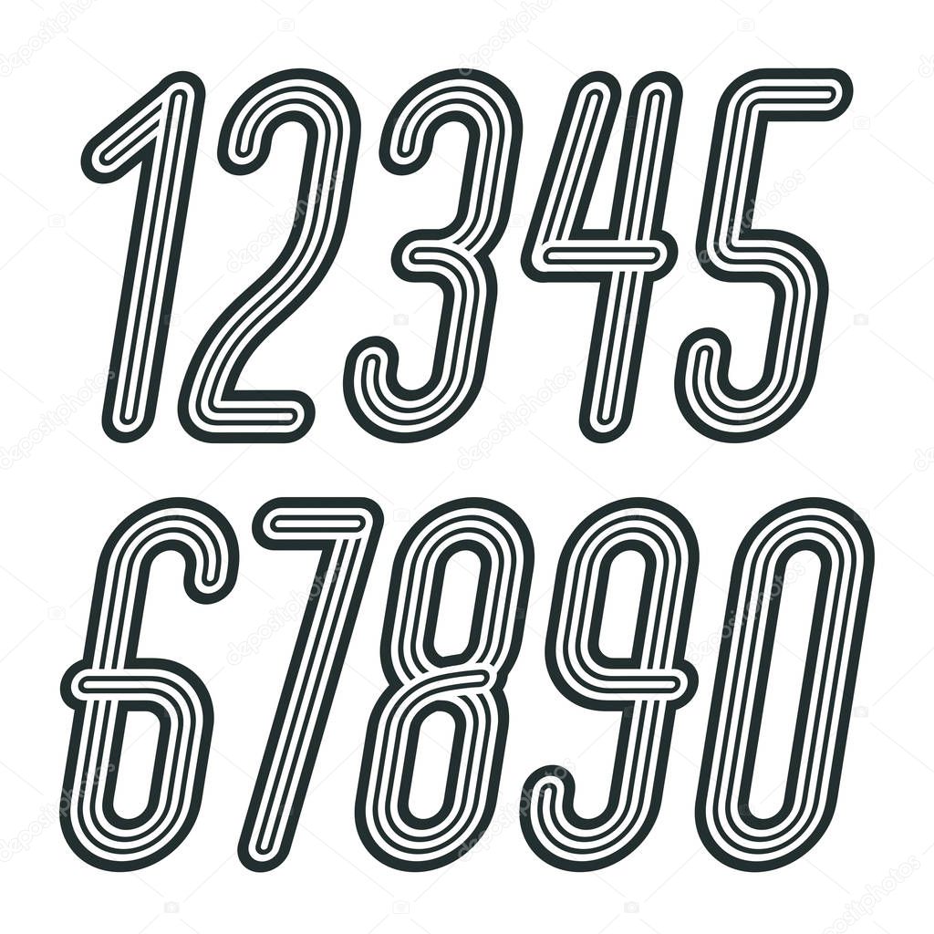Set of stylish disco vector digits, modern numerals collection. Funky italic tall numerals from 0 to 9 best for use in poster art. Made with geometric parallel triple lines.