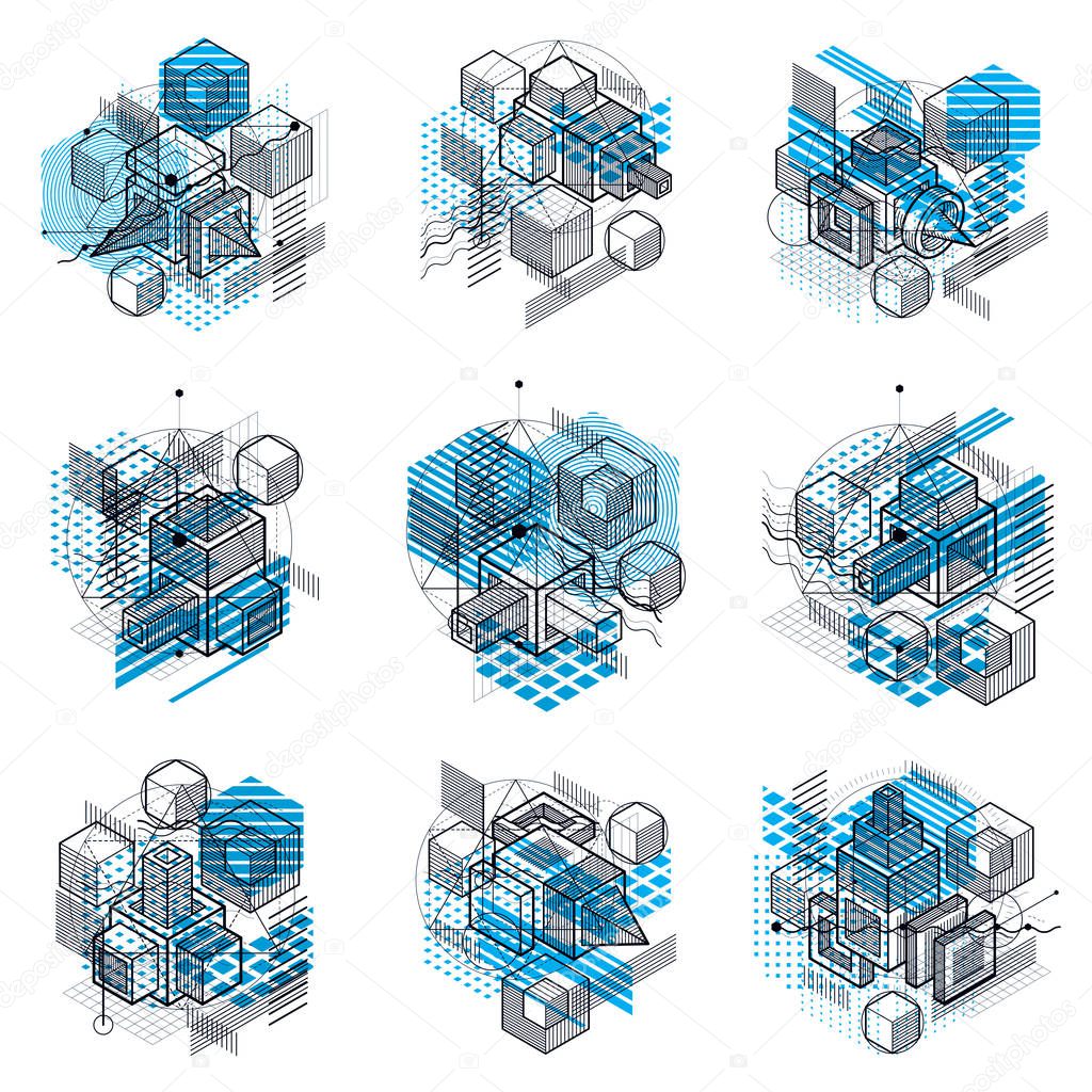 Abstract backgrounds with isometric lines, vector illustrations.
