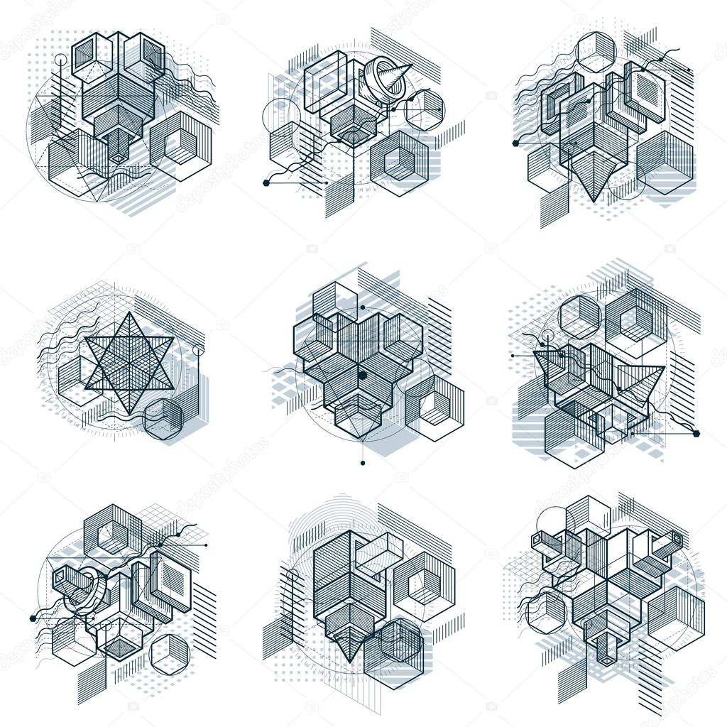Abstract backgrounds with isometric elements, vector linear art 